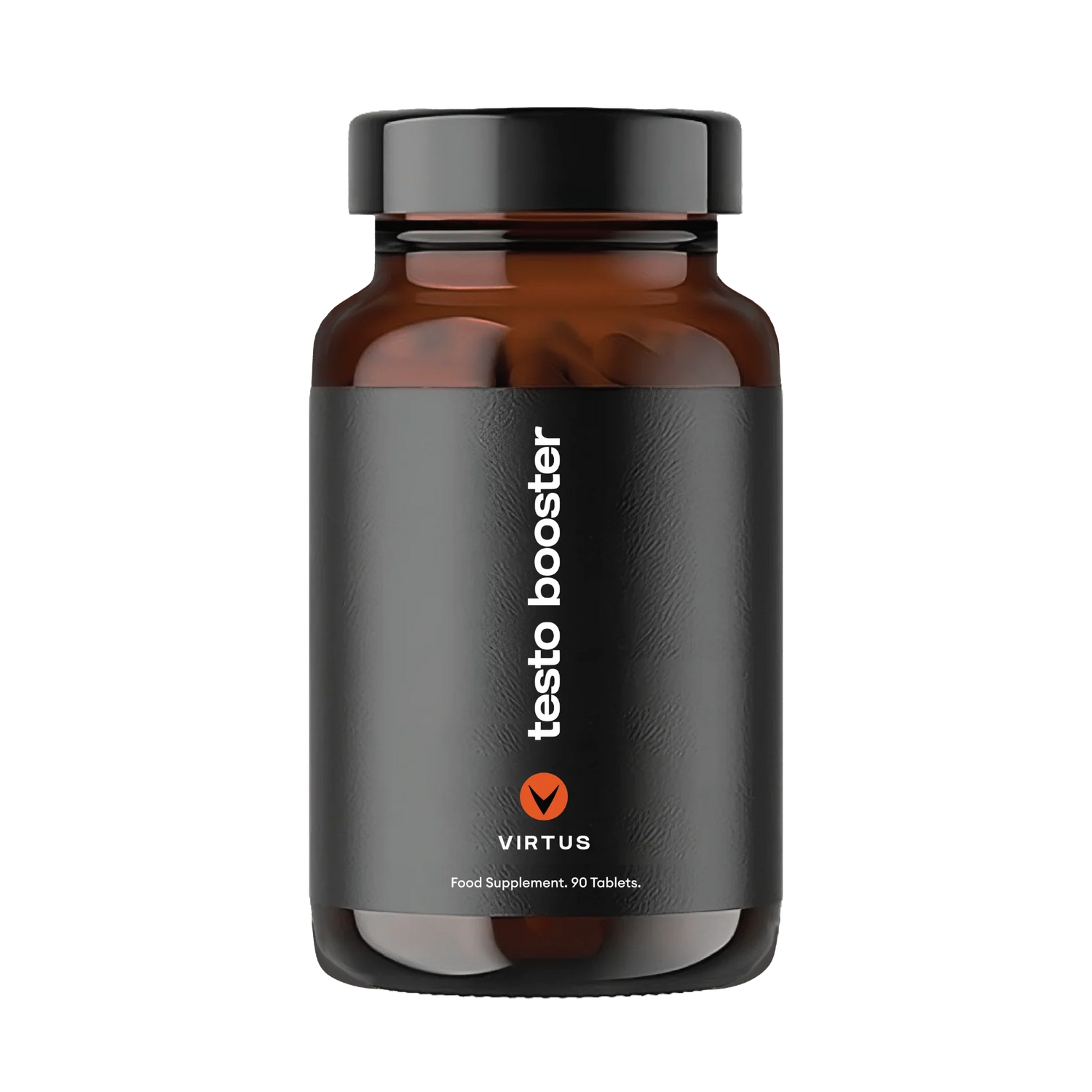 Virtus testo booster takviye ürün, siyah etiketli şişe, erkek sağlığı, 90 tablet